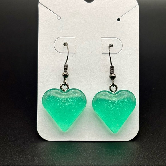 Green Glitter Heart Earrings- HANDMADE - Picture 3 of 3